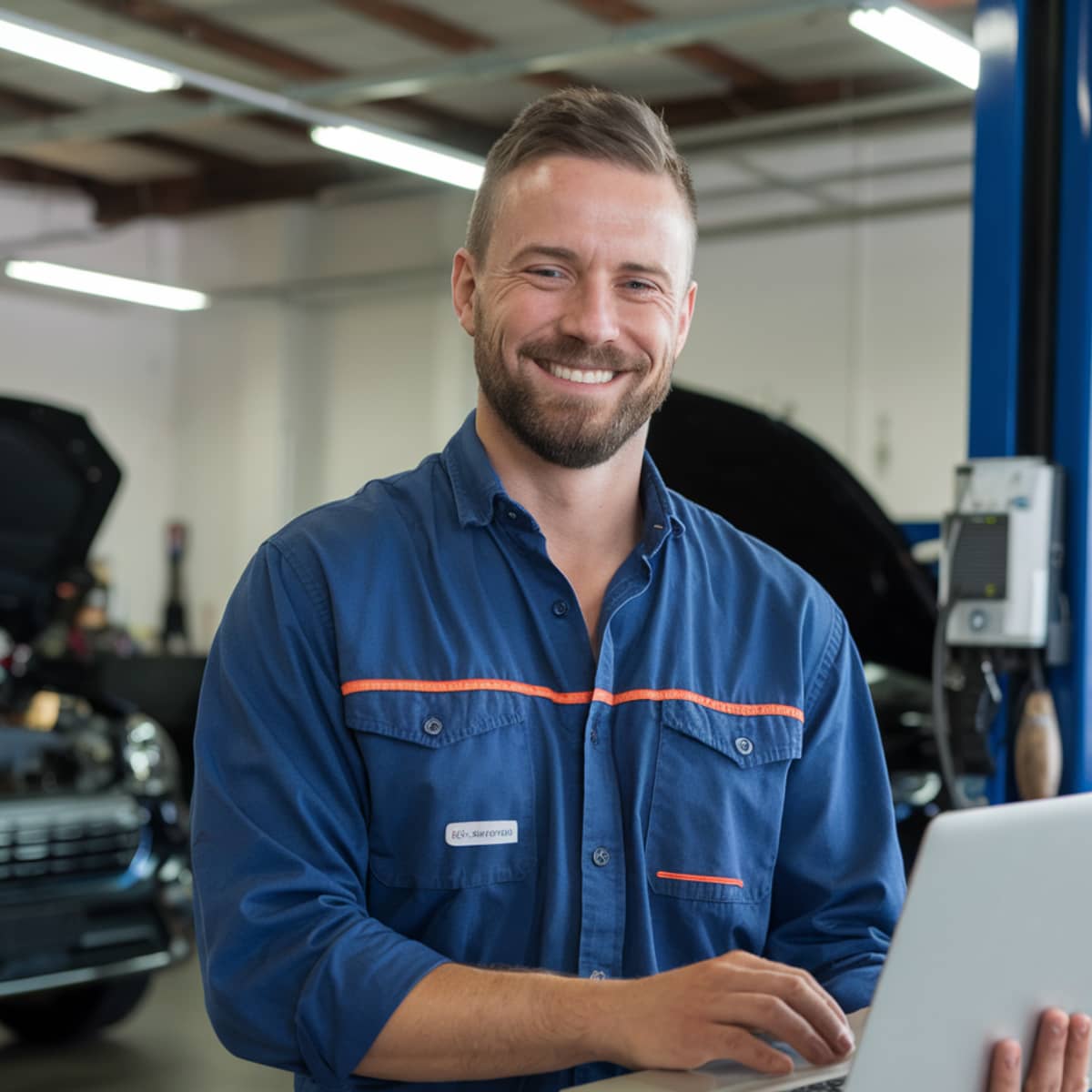 Auto glass professional smiling in workshop